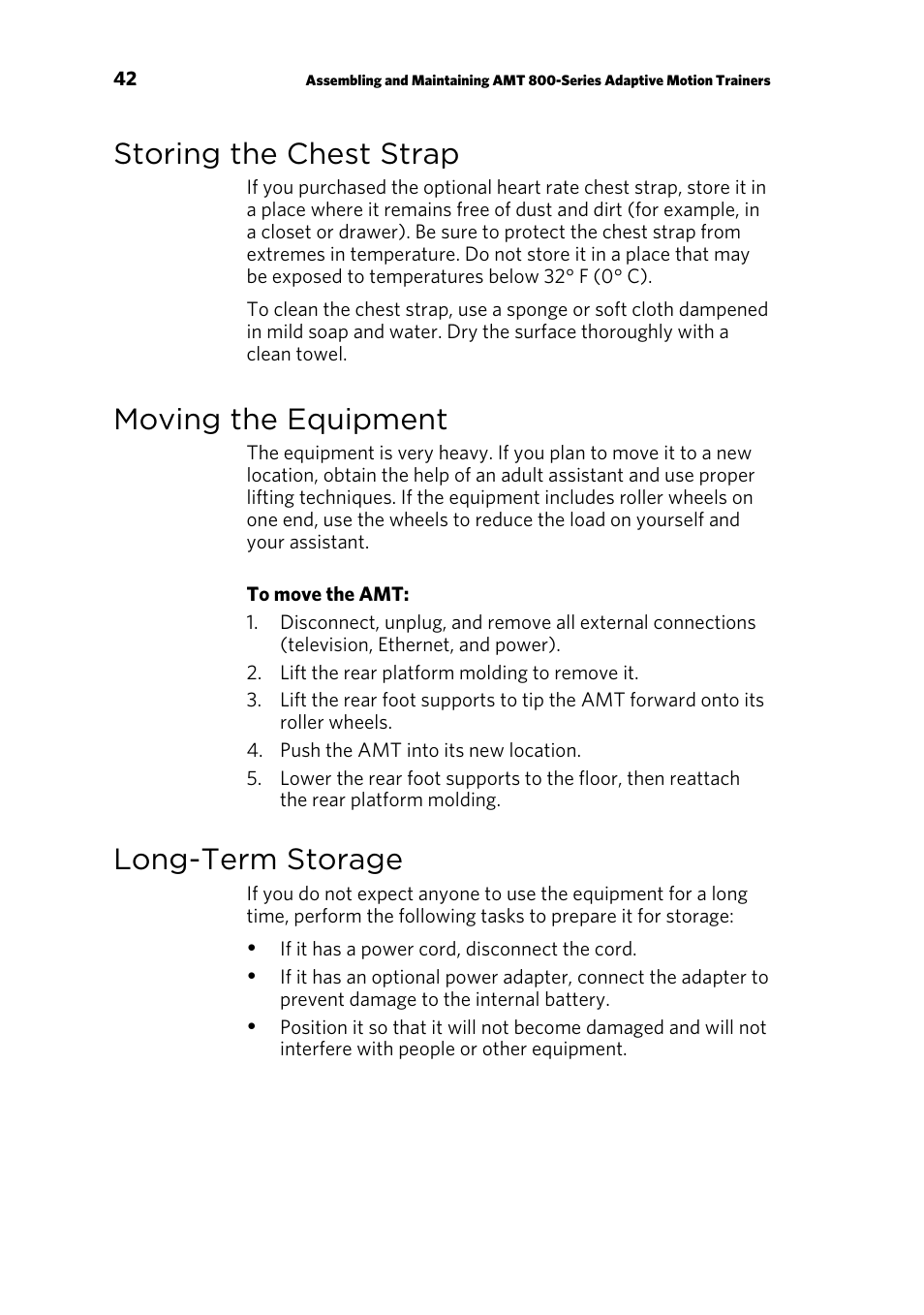 Storing the chest strap, Moving the equipment, Long-term storage | Precor p20 User Manual | Page 92 / 104