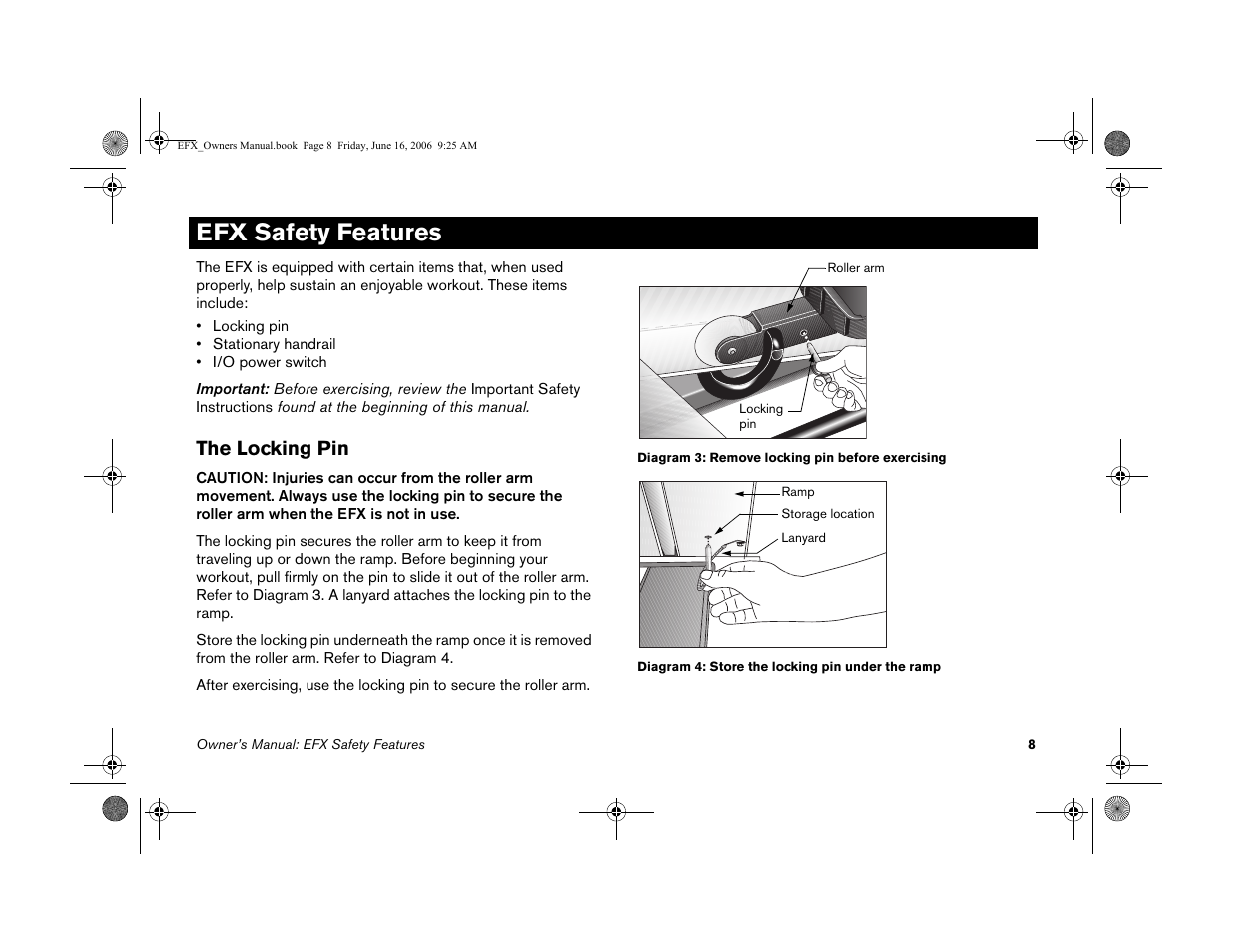 Efx safety features, The locking pin | Precor 5.23 User Manual | Page 10 / 68