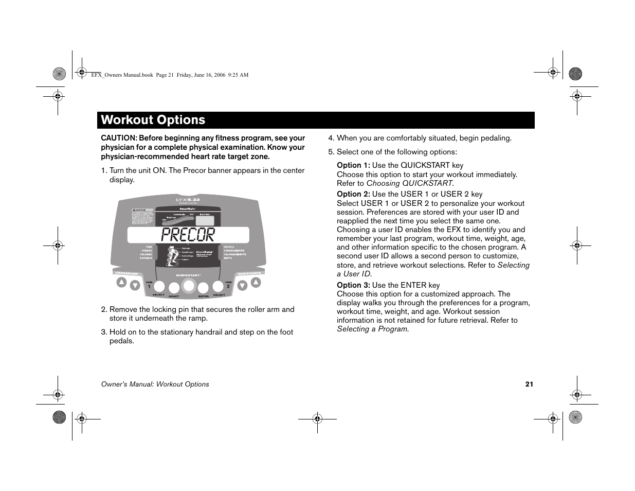 Workout options, Precor | Precor 5.23 User Manual | Page 23 / 68