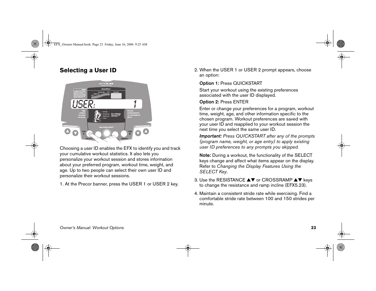 Selecting a user id, User: 1 | Precor 5.23 User Manual | Page 25 / 68