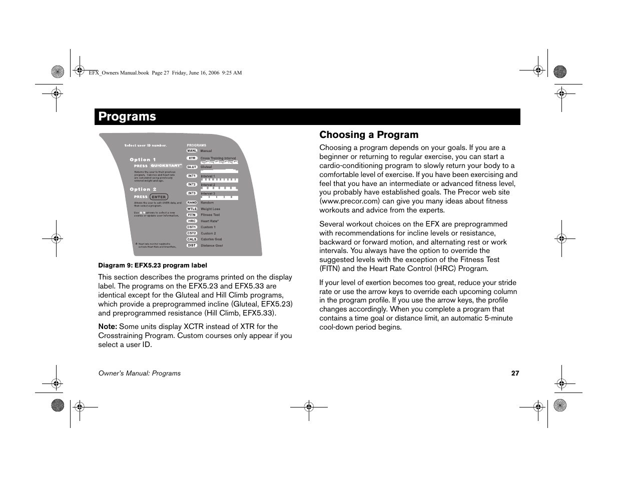 Programs, Choosing a program | Precor 5.23 User Manual | Page 29 / 68