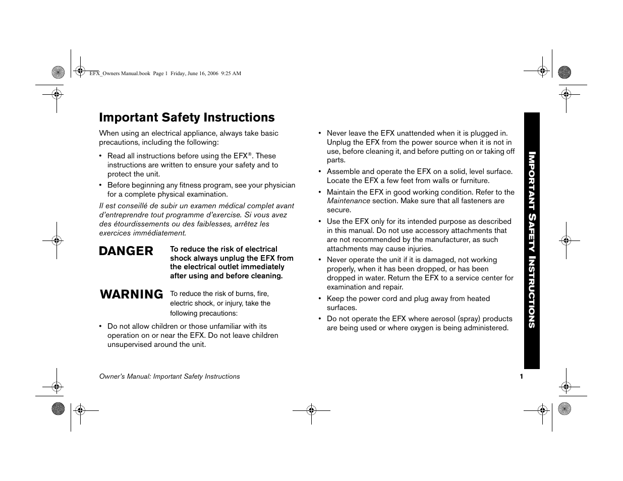 Important safety instructions, Danger warning | Precor 5.23 User Manual | Page 3 / 68