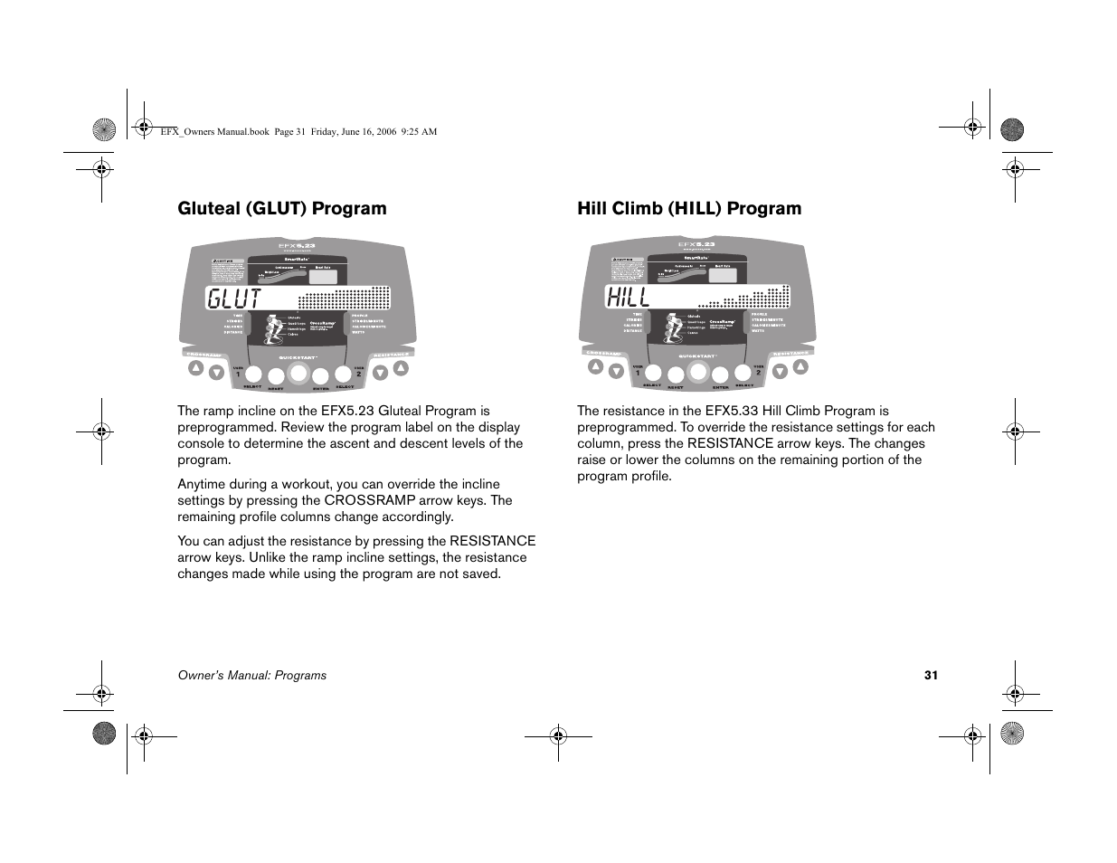 Gluteal (glut) program, Hill climb (hill) program, Gluteal (glut) program hill climb (hill) program | Glut hill | Precor 5.23 User Manual | Page 33 / 68