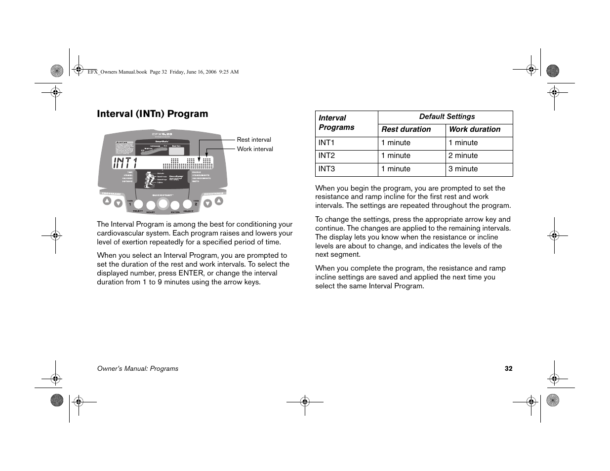 Interval (intn) program, Int1 | Precor 5.23 User Manual | Page 34 / 68