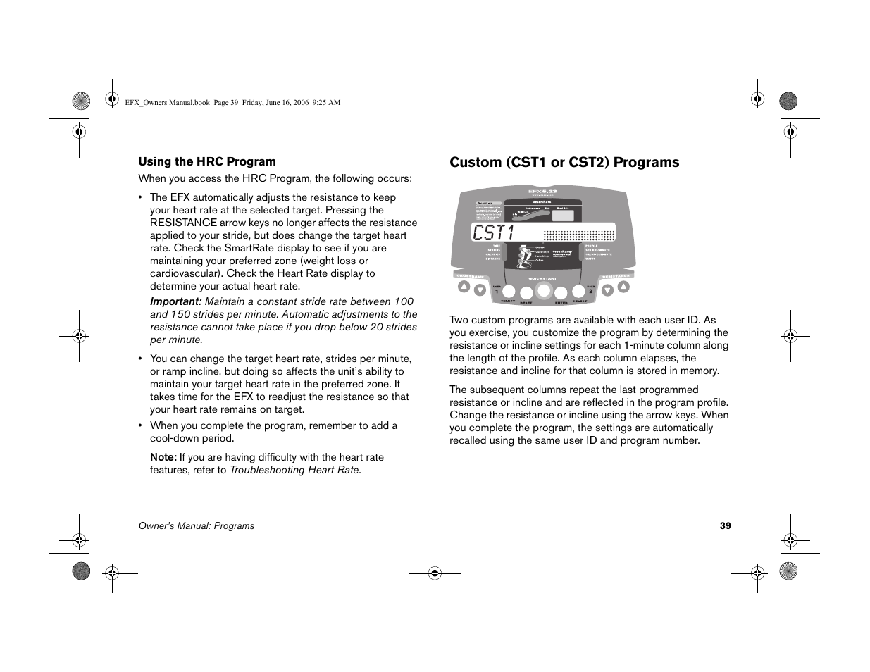 Custom (cst1 or cst2) programs, Cst1 | Precor 5.23 User Manual | Page 41 / 68