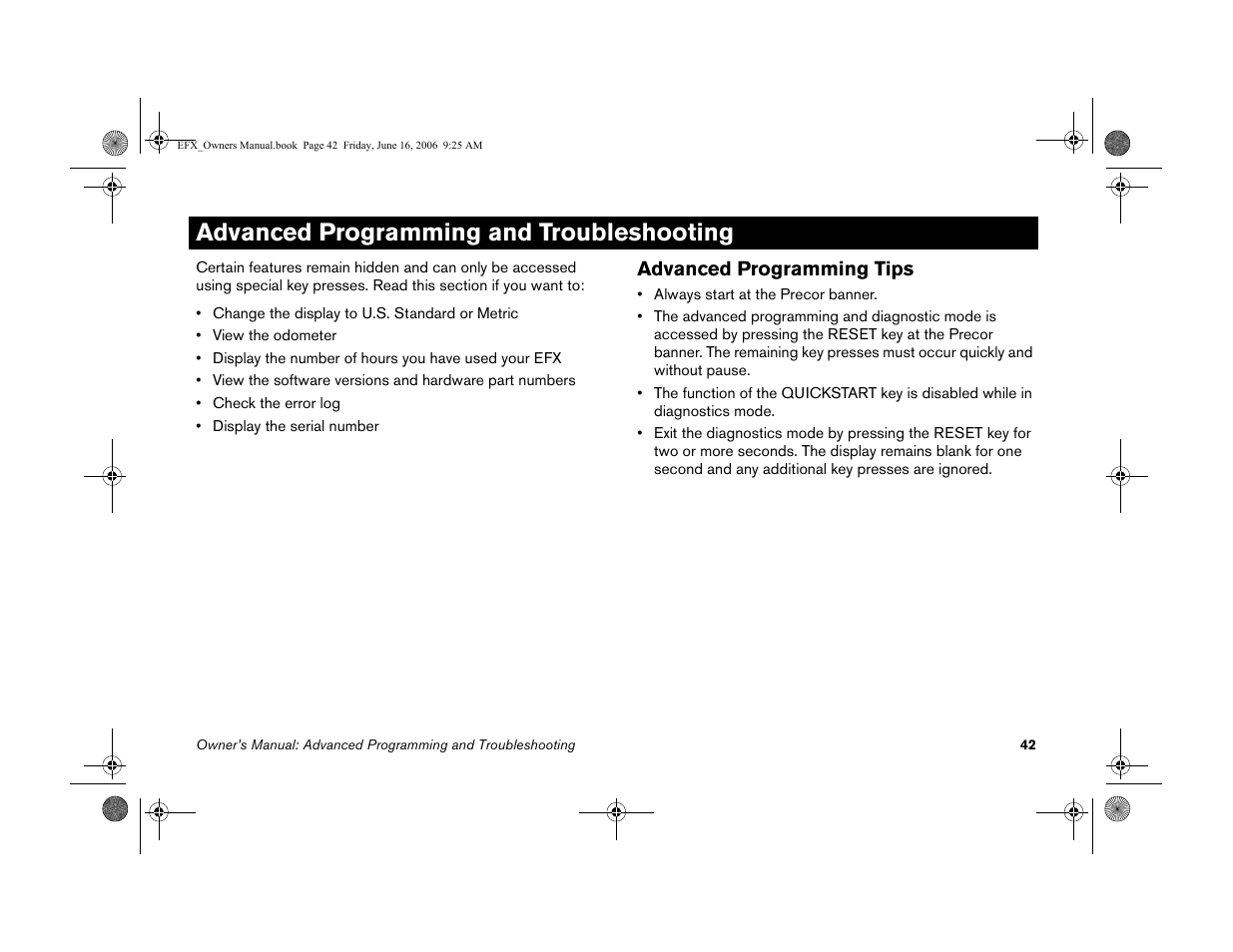 Advanced programming and troubleshooting, Advanced programming tips | Precor 5.23 User Manual | Page 44 / 68