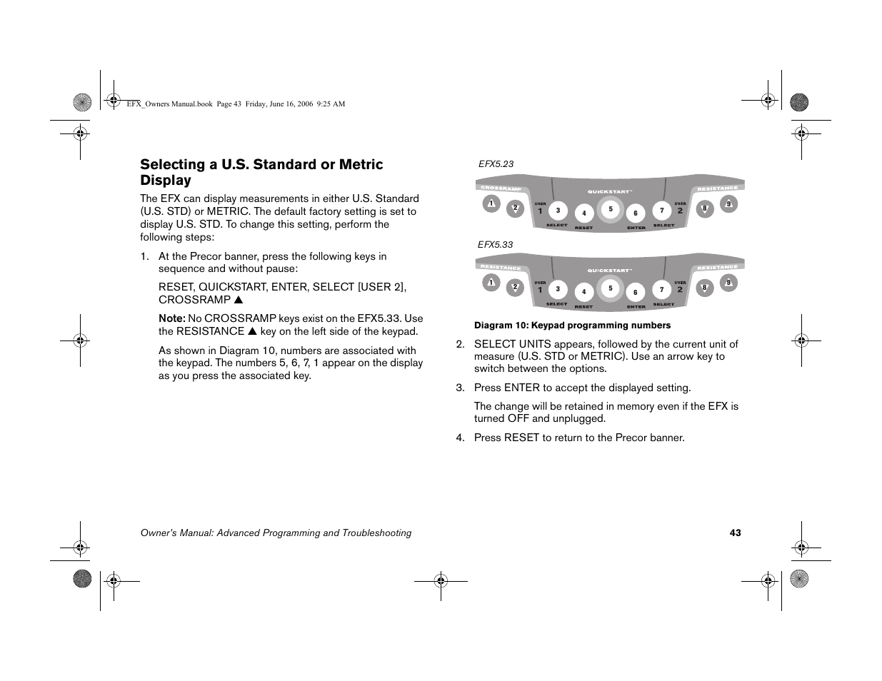 Selecting a u.s. standard or metric display | Precor 5.23 User Manual | Page 45 / 68