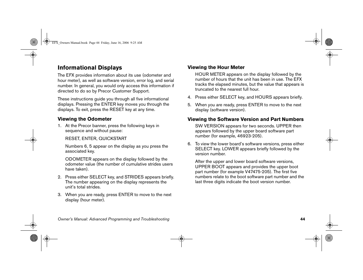 Informational displays | Precor 5.23 User Manual | Page 46 / 68