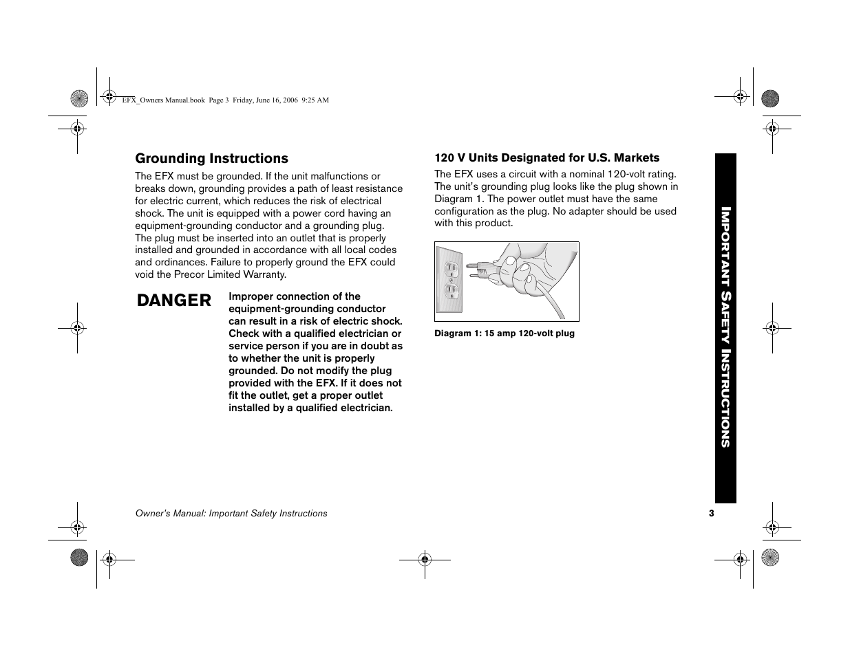 Grounding instructions, Danger | Precor 5.23 User Manual | Page 5 / 68