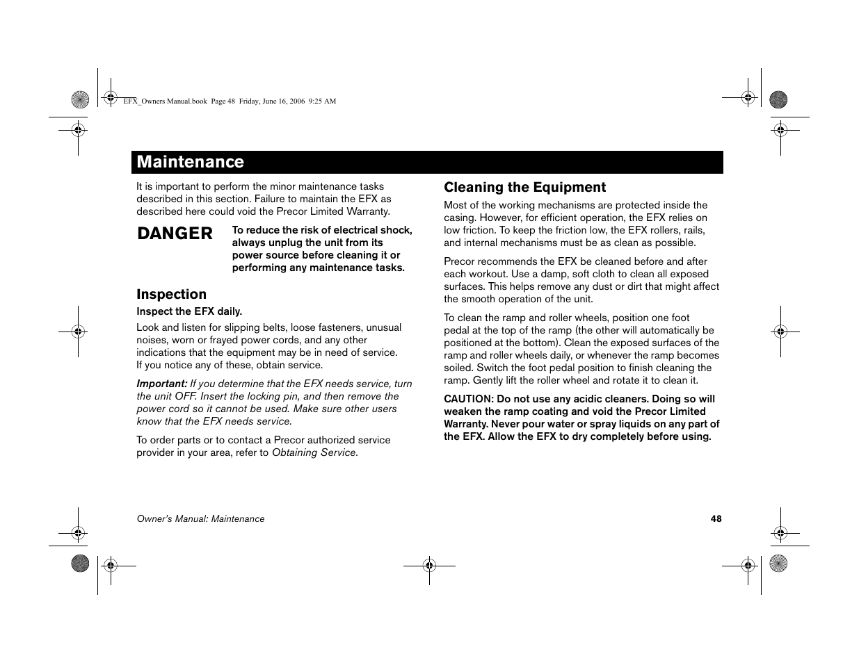 Maintenance, Inspection, Cleaning the equipment | Inspection cleaning the equipment, Danger | Precor 5.23 User Manual | Page 50 / 68