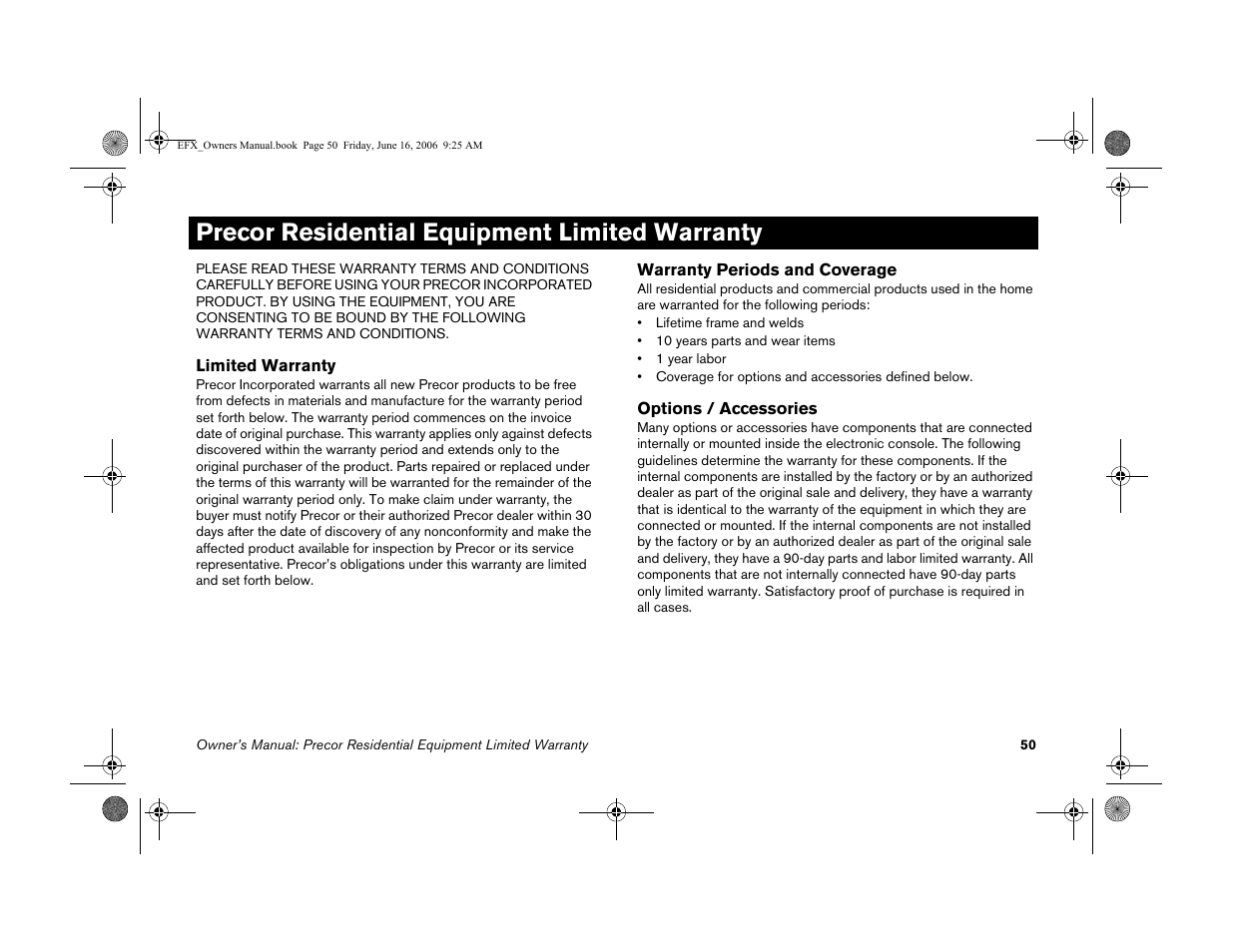 Precor residential equipment limited warranty | Precor 5.23 User Manual | Page 52 / 68