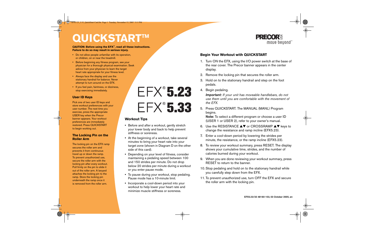 48160-103 efx5.23/5.33 quickstart™ card, Quickstart | Precor 5.23 User Manual | Page 59 / 68