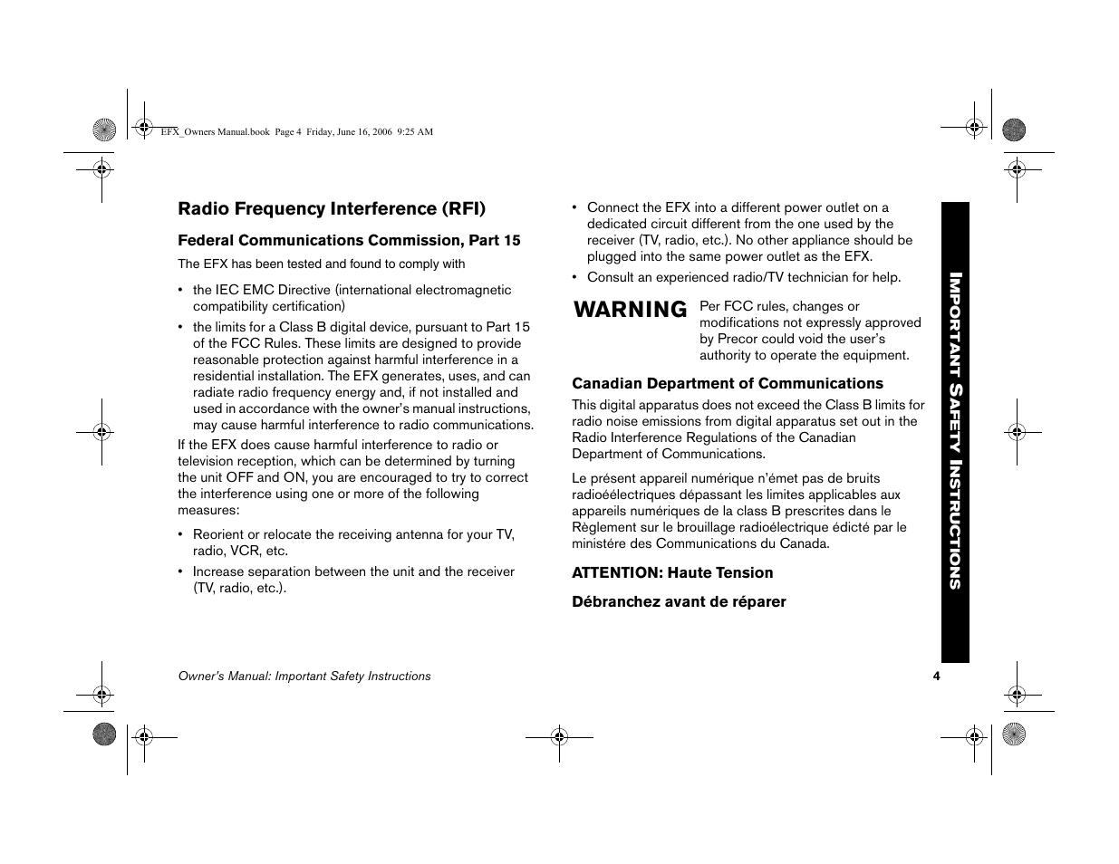 Radio frequency interference (rfi), Warning | Precor 5.23 User Manual | Page 6 / 68