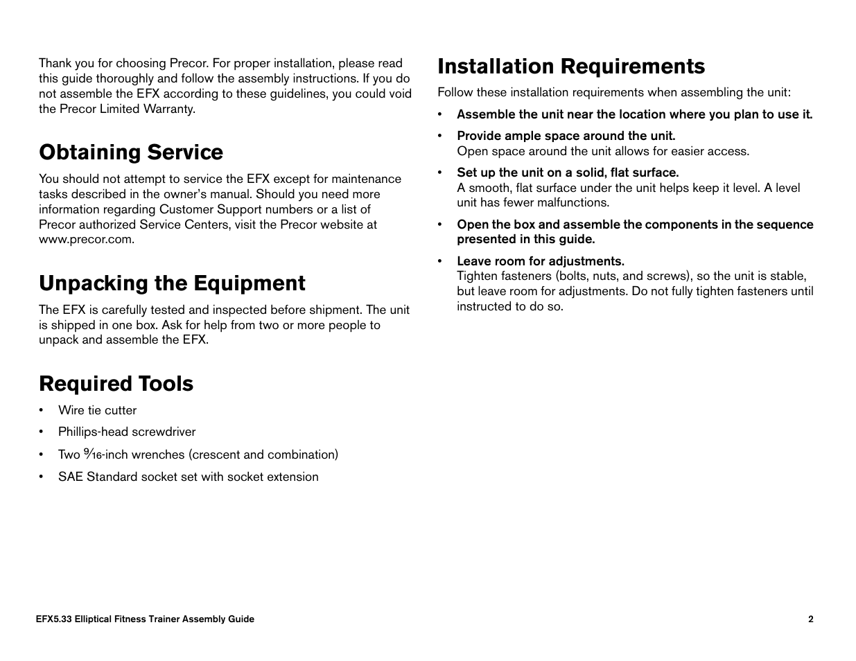 Obtaining service, Unpacking the equipment, Required tools | Installation requirements | Precor 5.23 User Manual | Page 62 / 68
