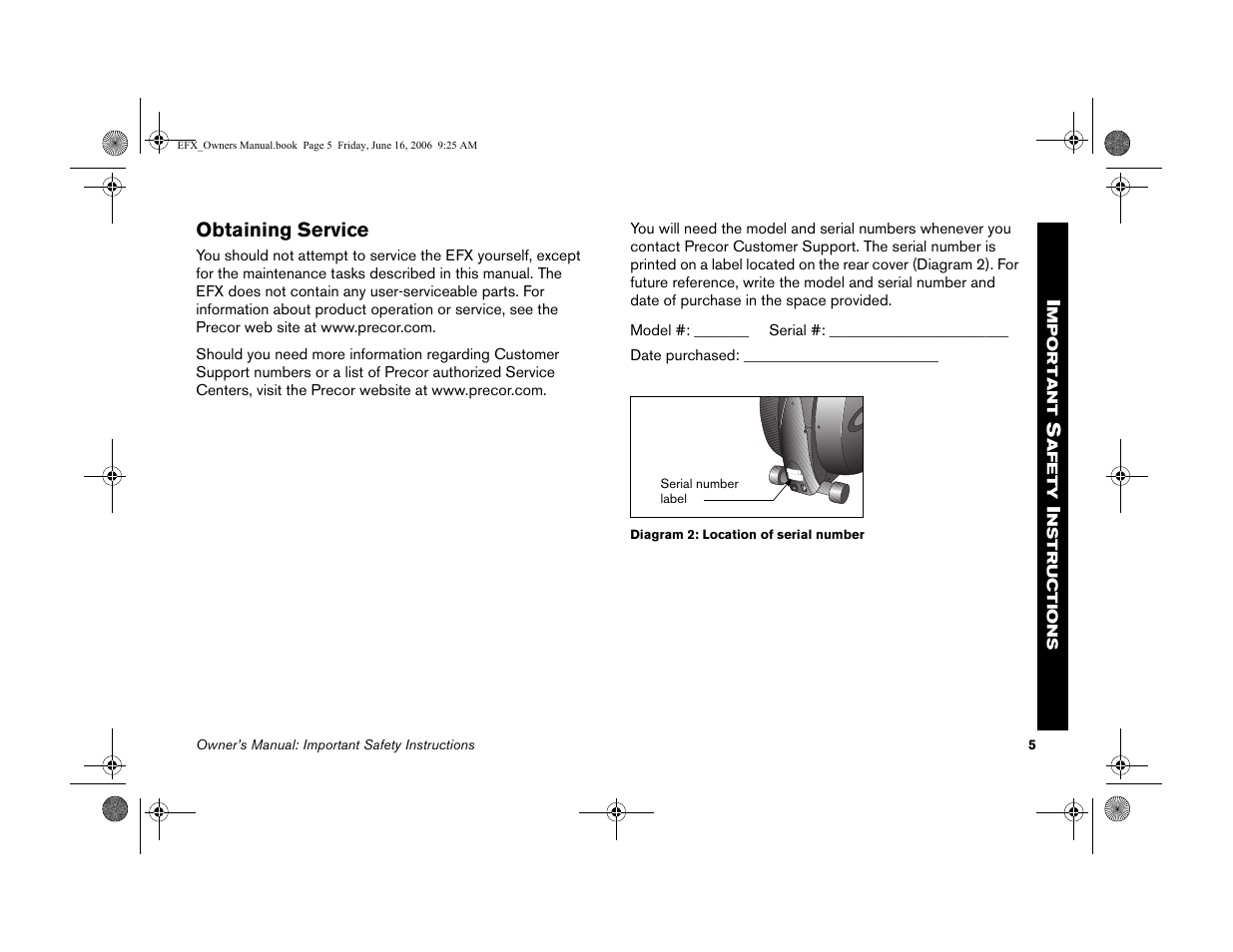 Obtaining service | Precor 5.23 User Manual | Page 7 / 68