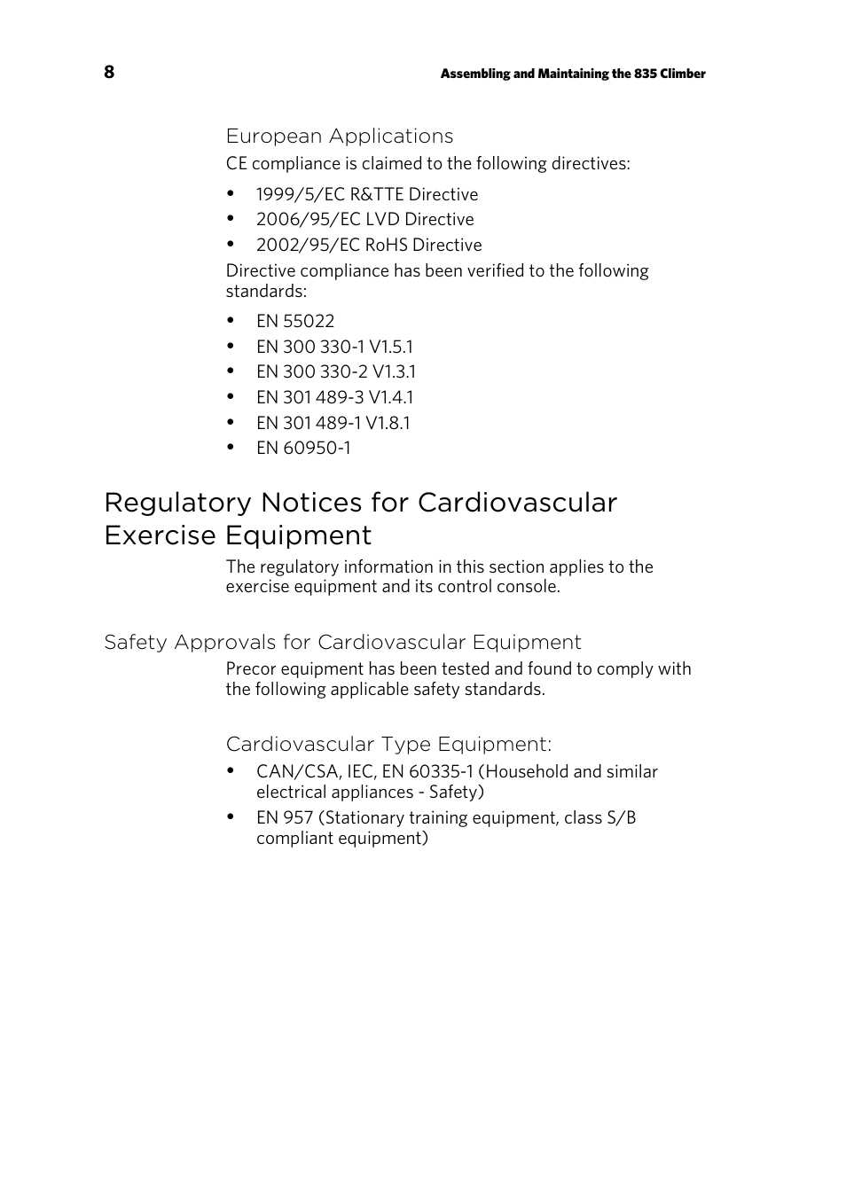 Safety approvals for cardiovascular equipment | Precor CLIMBER 835 User Manual | Page 10 / 44