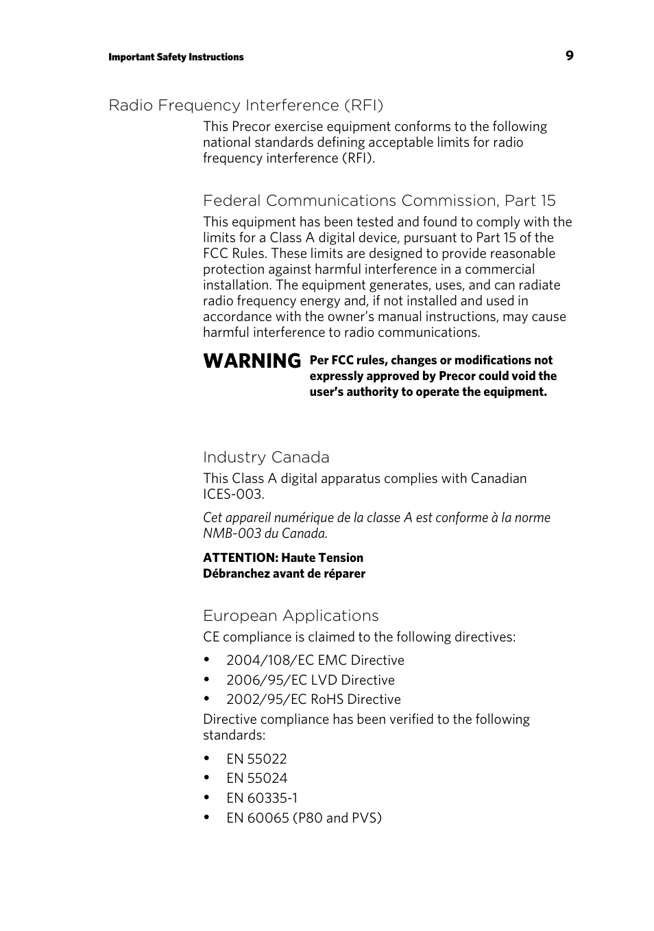 Radio frequency interference (rfi), Warning | Precor CLIMBER 835 User Manual | Page 11 / 44