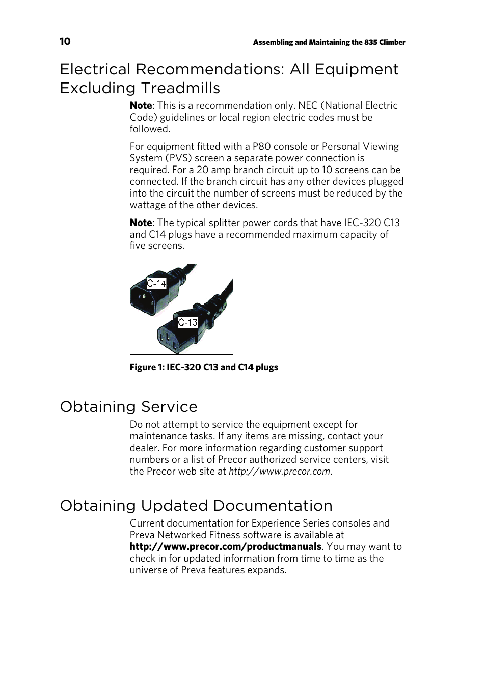 Obtaining service, Obtaining updated documentation | Precor CLIMBER 835 User Manual | Page 12 / 44