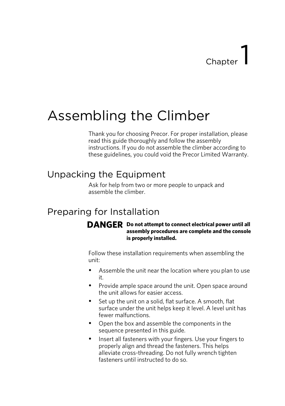 Assembling the climber, Unpacking the equipment, Preparing for installation | Preparing for installation danger | Precor CLIMBER 835 User Manual | Page 15 / 44