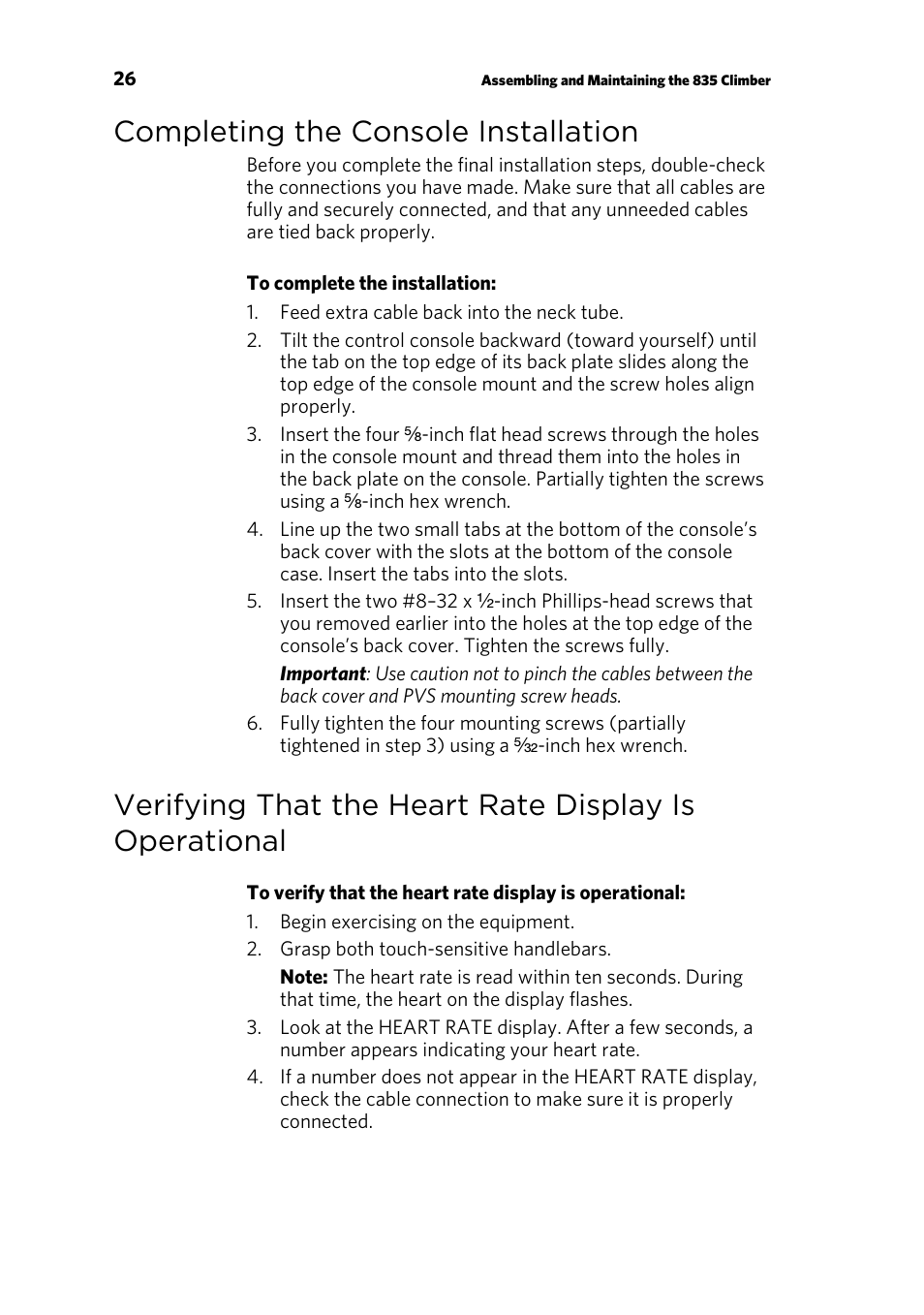 Completing the console installation | Precor CLIMBER 835 User Manual | Page 28 / 44