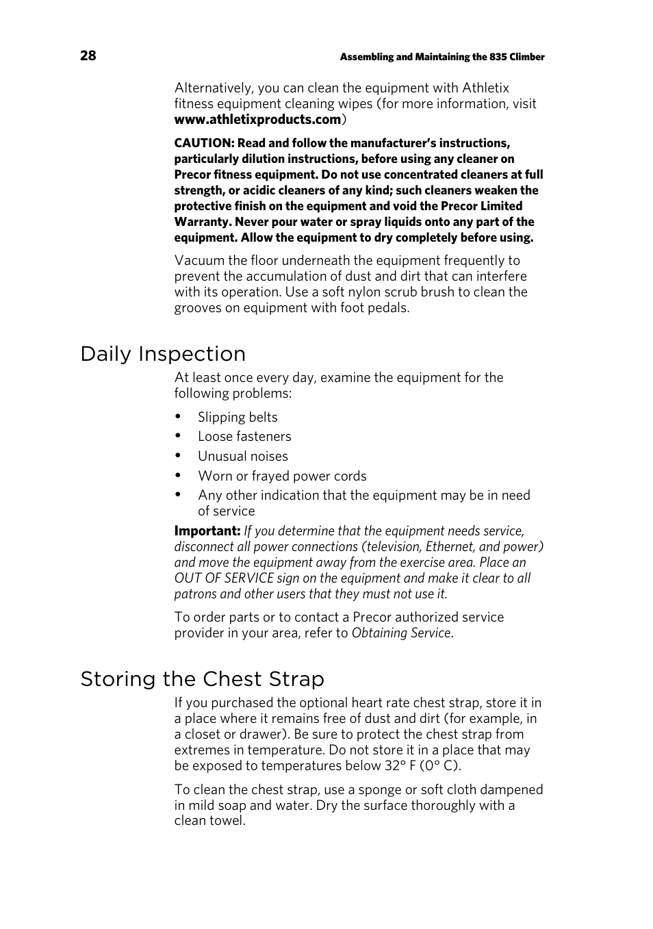 Daily inspection, Storing the chest strap | Precor CLIMBER 835 User Manual | Page 30 / 44