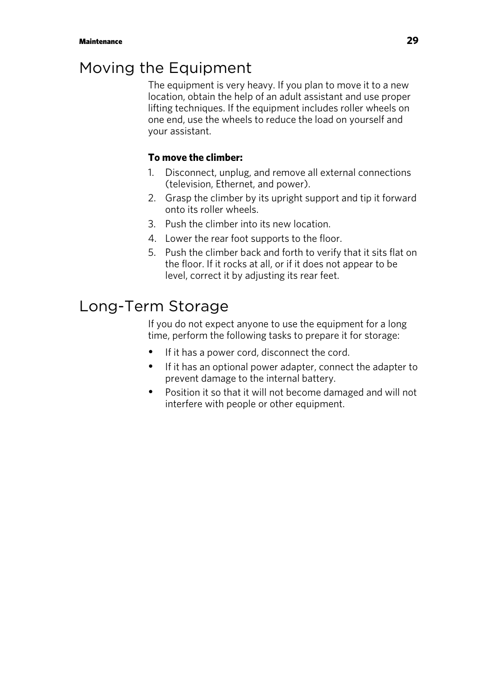 Moving the equipment, Long-term storage | Precor CLIMBER 835 User Manual | Page 31 / 44