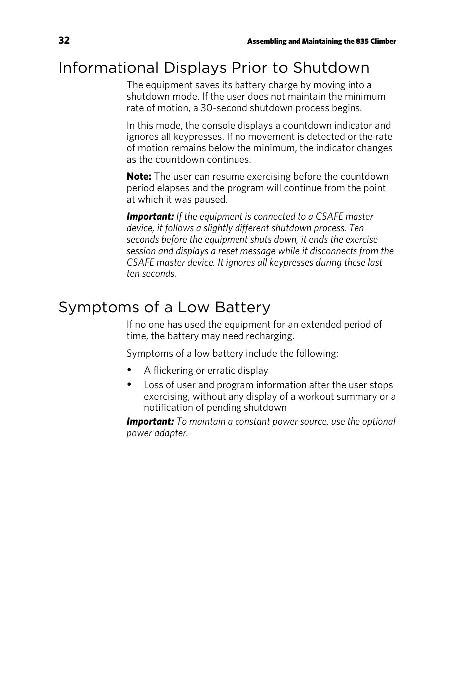 Informational displays prior to shutdown, Symptoms of a low battery | Precor CLIMBER 835 User Manual | Page 34 / 44