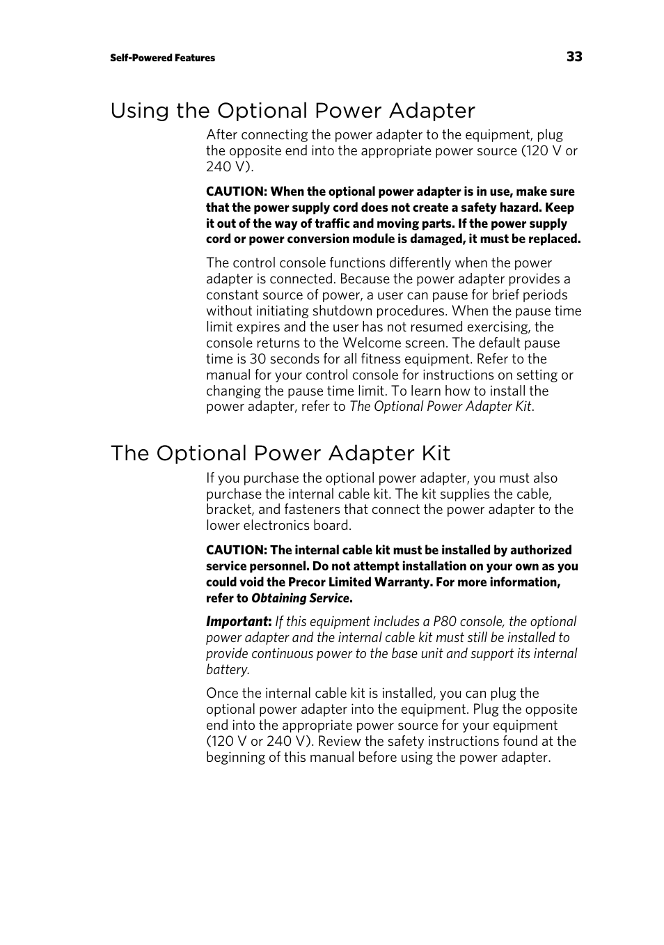 Using the optional power adapter, The optional power adapter kit | Precor CLIMBER 835 User Manual | Page 35 / 44