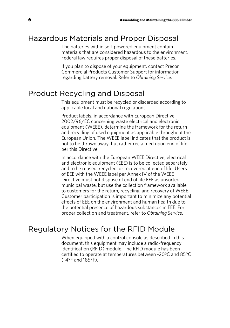 Hazardous materials and proper disposal, Product recycling and disposal, Regulatory notices for the rfid module | Precor CLIMBER 835 User Manual | Page 8 / 44