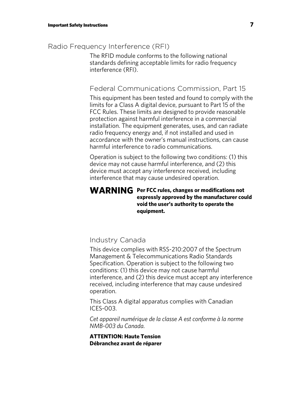 Radio frequency interference (rfi), Warning | Precor CLIMBER 835 User Manual | Page 9 / 44
