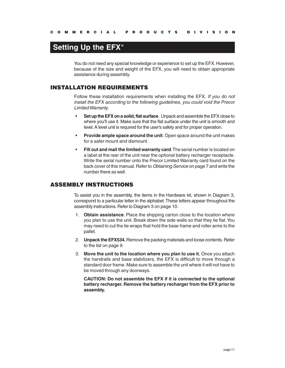 Setting up the efx, Installation requirements, Assembly instructions | Precor EFX534 User Manual | Page 11 / 56