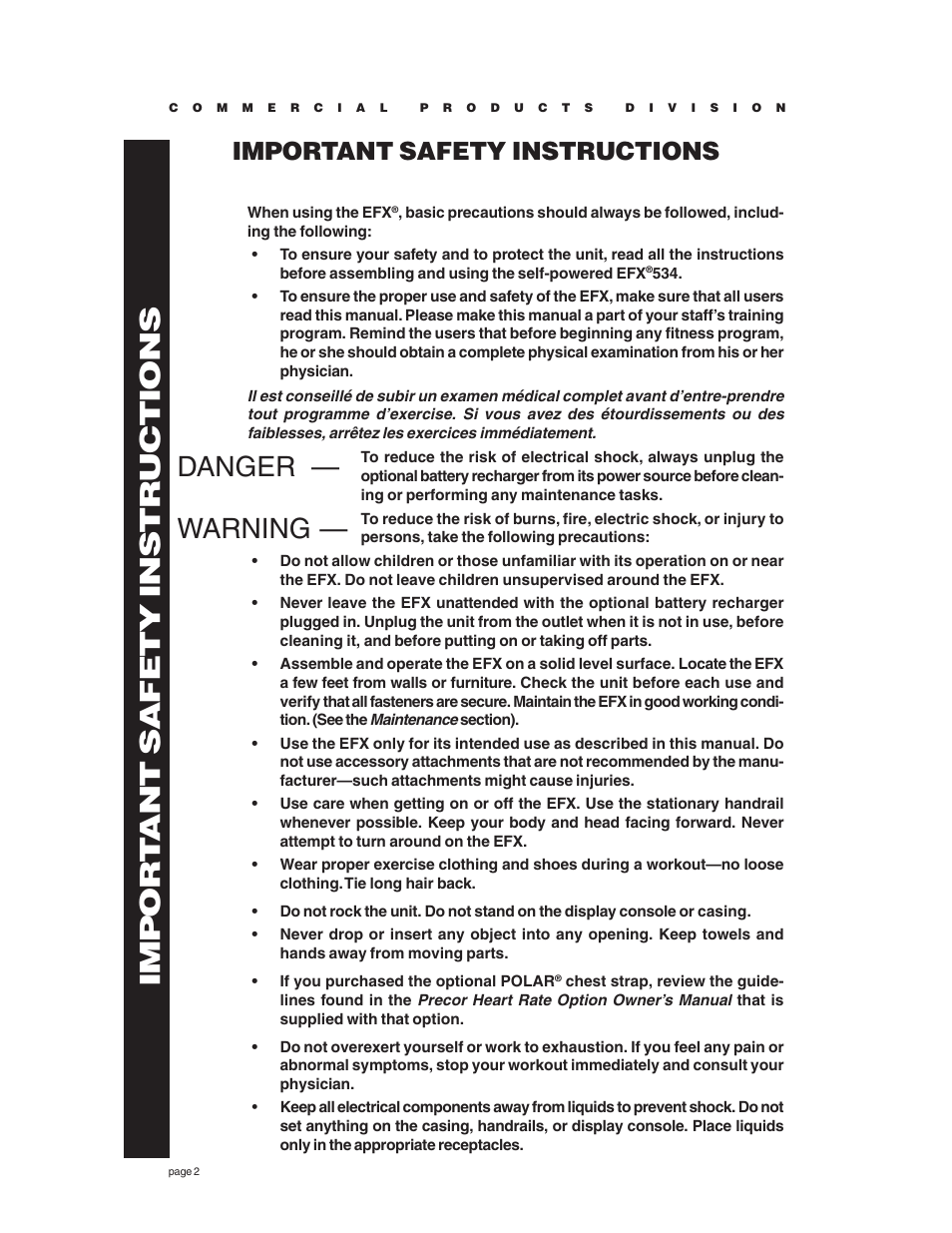 Important safety instructions, Danger — warning, Impor t ant safety instructions | Precor EFX534 User Manual | Page 2 / 56