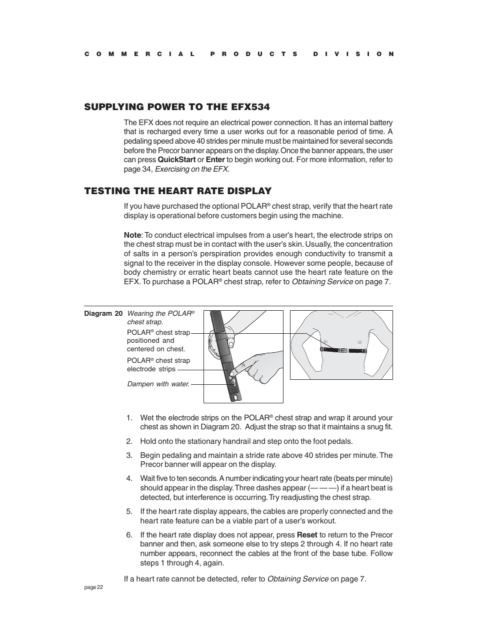 Supplying power to the efx534, Testing the heart rate display | Precor EFX534 User Manual | Page 22 / 56