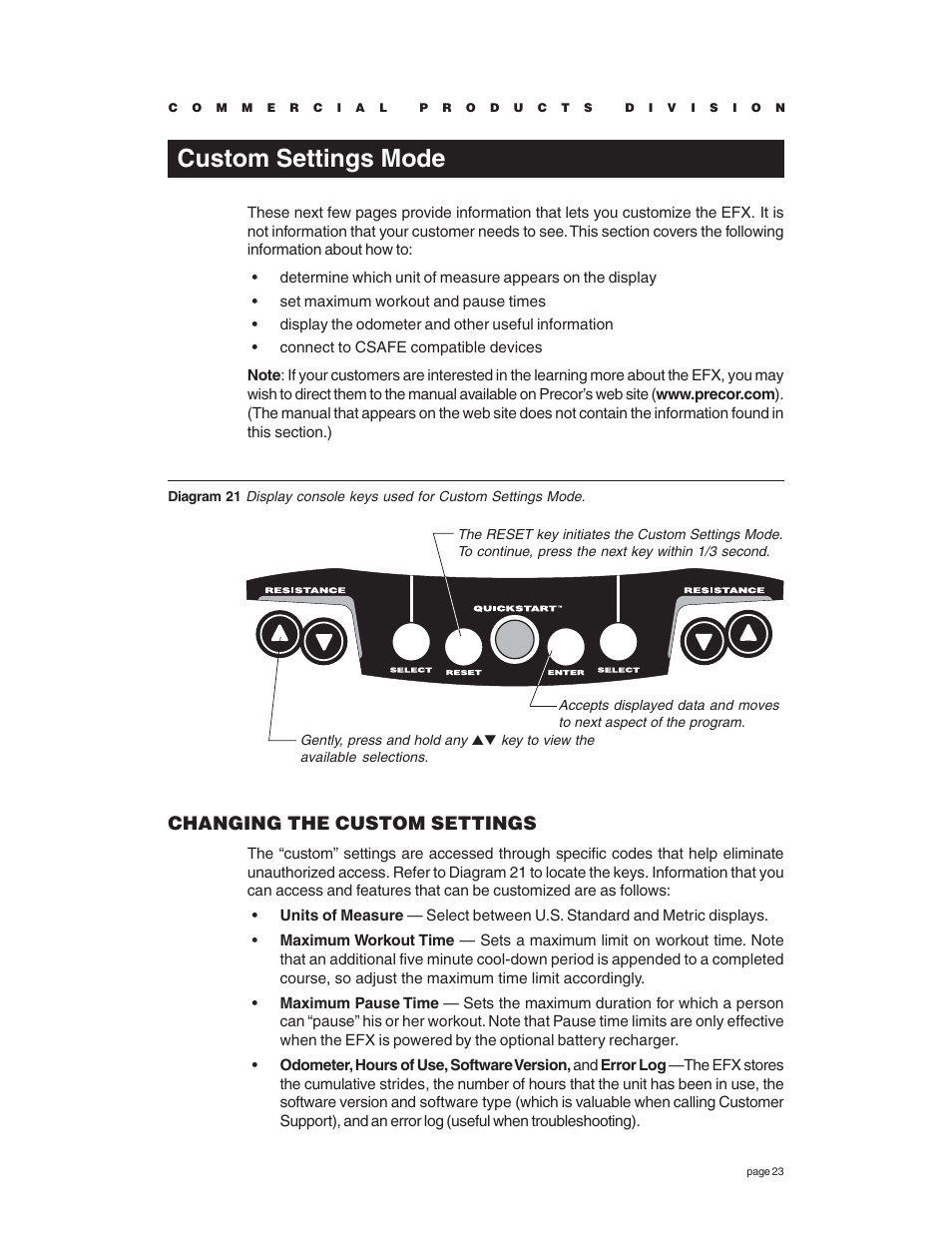 Custom settings mode, Changing the custom settings | Precor EFX534 User Manual | Page 23 / 56