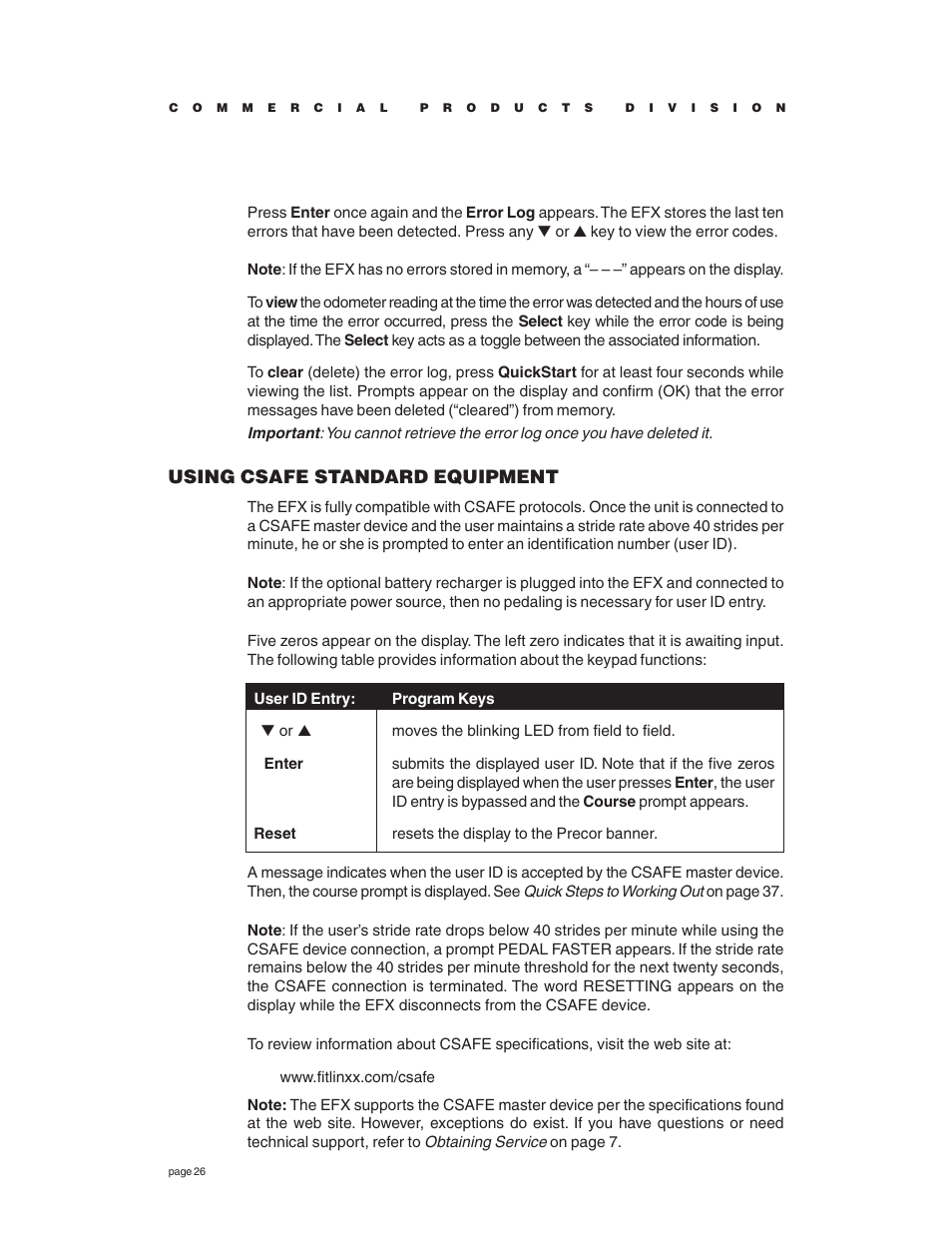 Using csafe standard equipment | Precor EFX534 User Manual | Page 26 / 56
