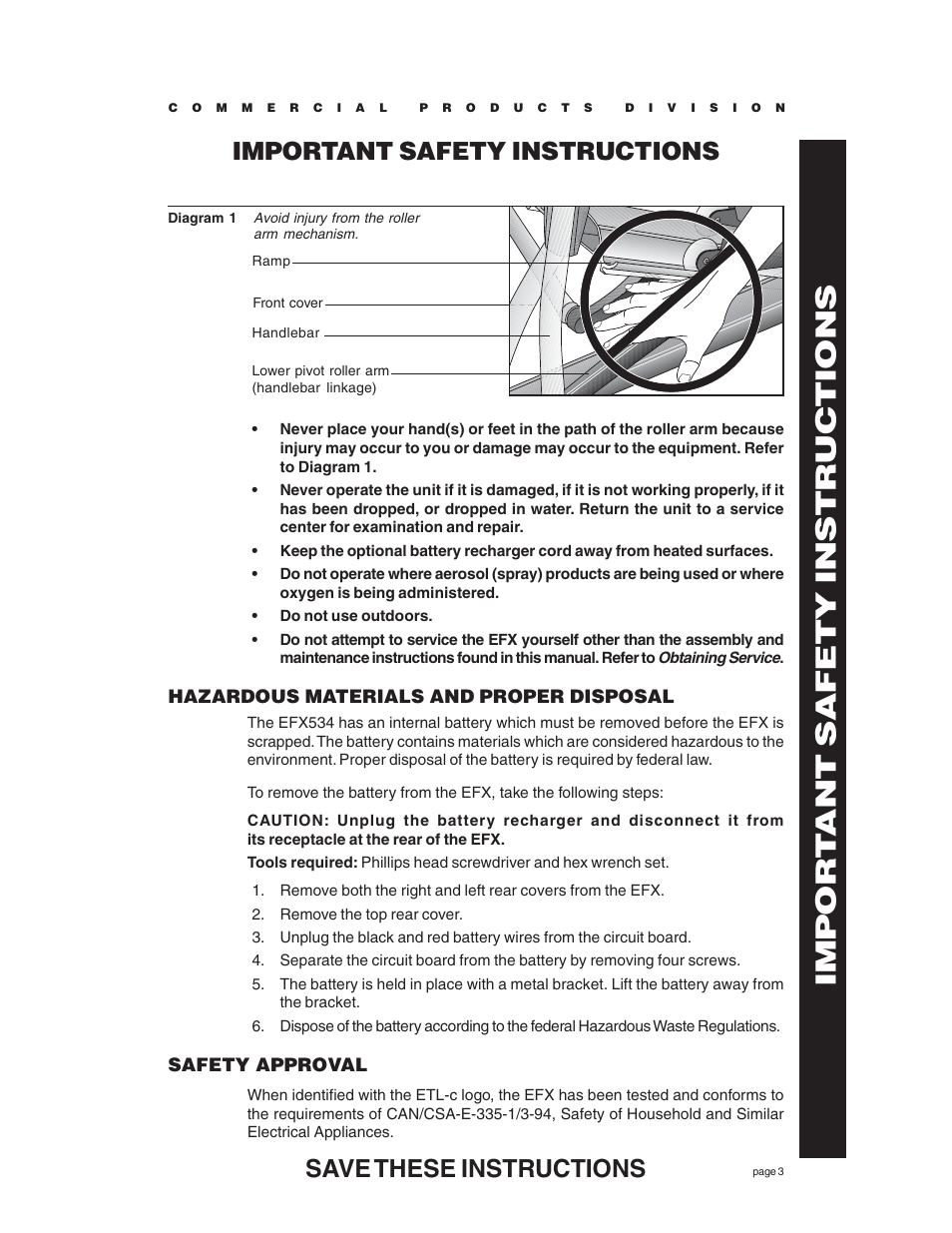 Hazardous materials and proper disposal, Safety approval, Impor t ant safety instructions | Precor EFX534 User Manual | Page 3 / 56