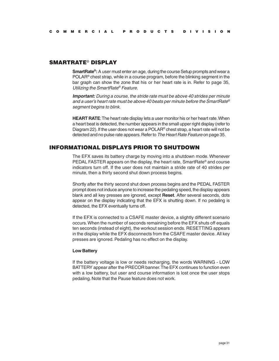 Smartrate® display, Informational displays prior to shutdown, Smartrate | Display | Precor EFX534 User Manual | Page 31 / 56