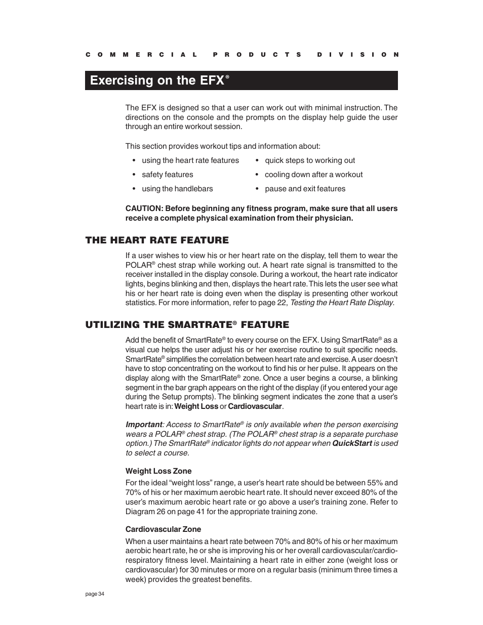 Exercising on the efx, The heart rate feature, Utilizing the smartrate | Feature | Precor EFX534 User Manual | Page 34 / 56