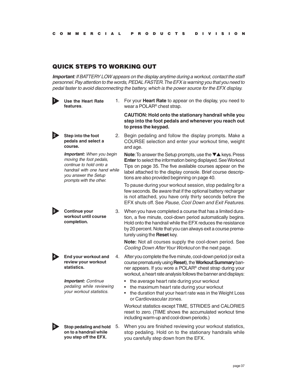 Quick steps to working out | Precor EFX534 User Manual | Page 37 / 56