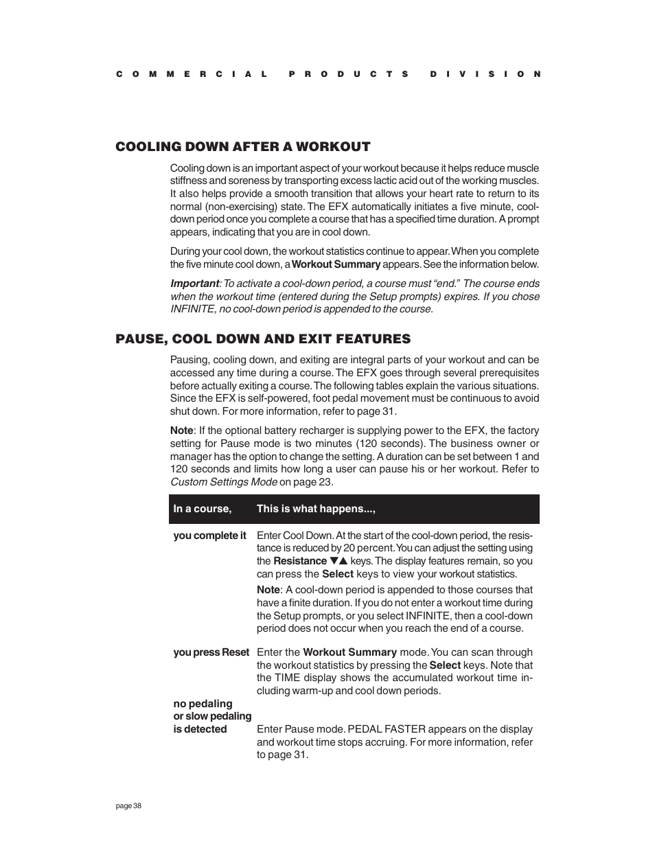 Cooling down after a workout, Pause, cool down and exit features | Precor EFX534 User Manual | Page 38 / 56