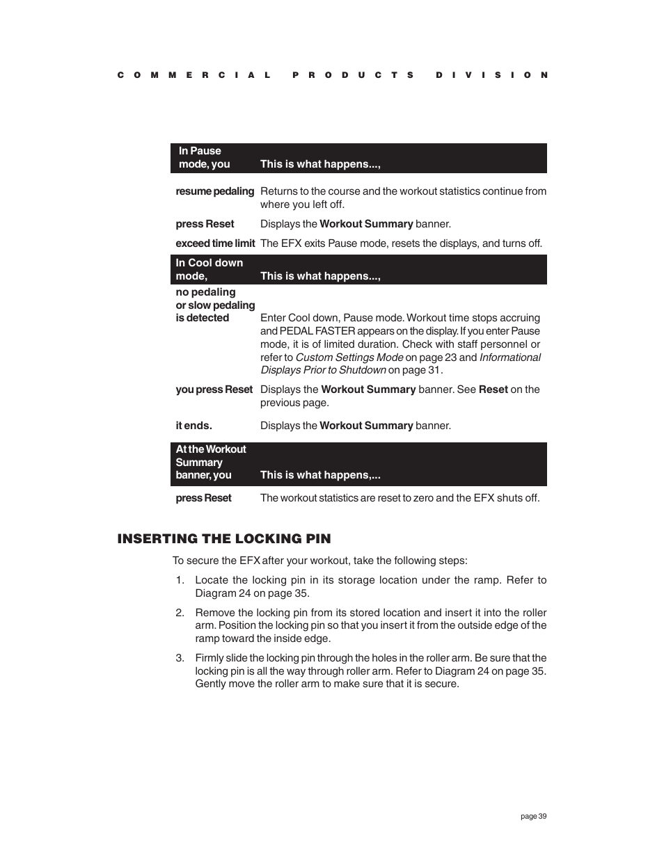 Inserting the locking pin | Precor EFX534 User Manual | Page 39 / 56