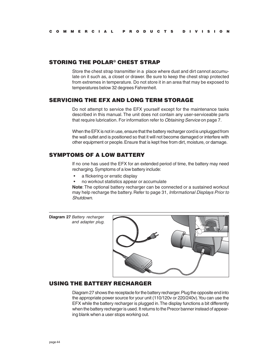 Storing the polar, Chest strap, Servicing the efx and long term storage | Symptoms of a low battery, Using the battery recharger | Precor EFX534 User Manual | Page 44 / 56