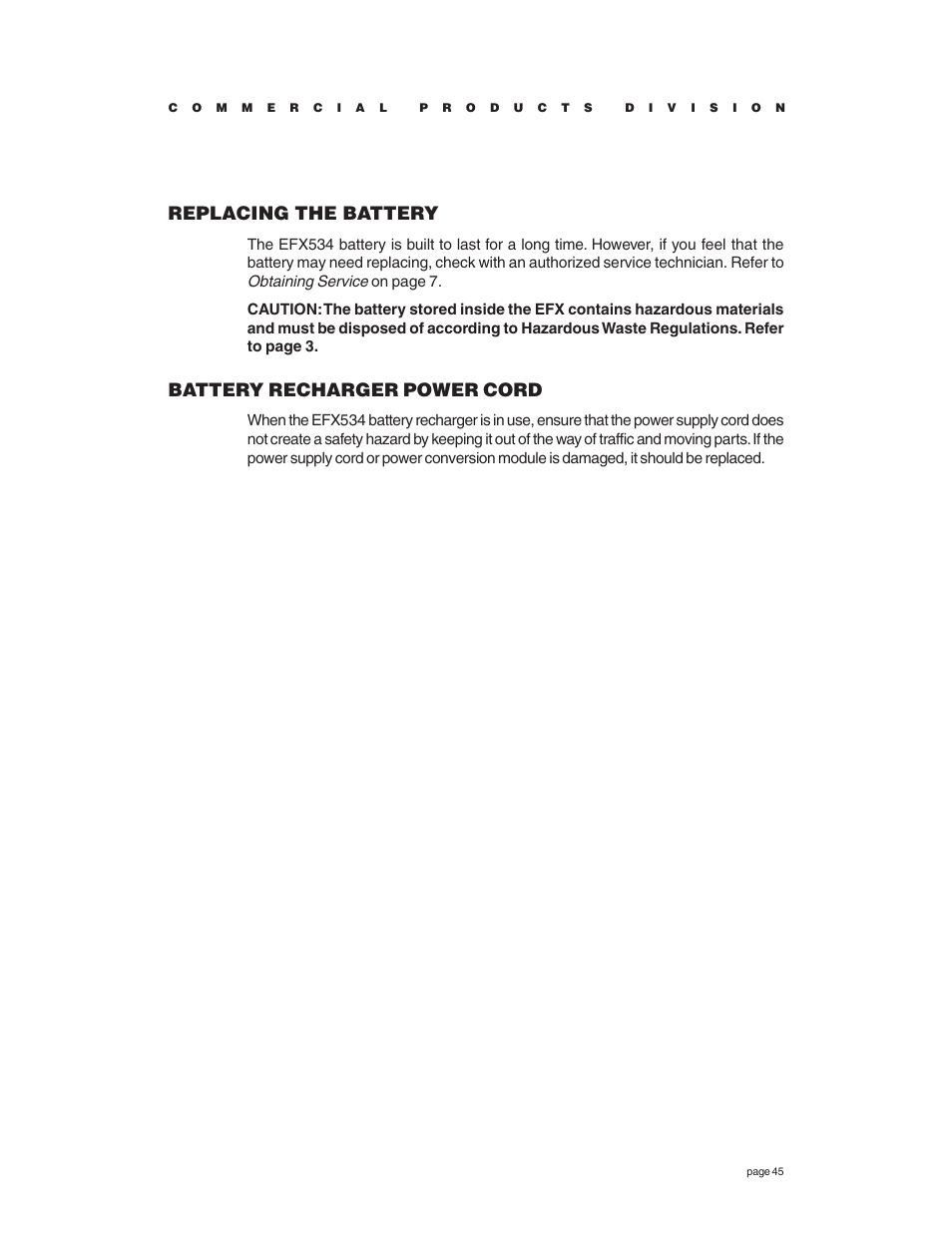 Replacing the battery, Battery recharger power cord | Precor EFX534 User Manual | Page 45 / 56