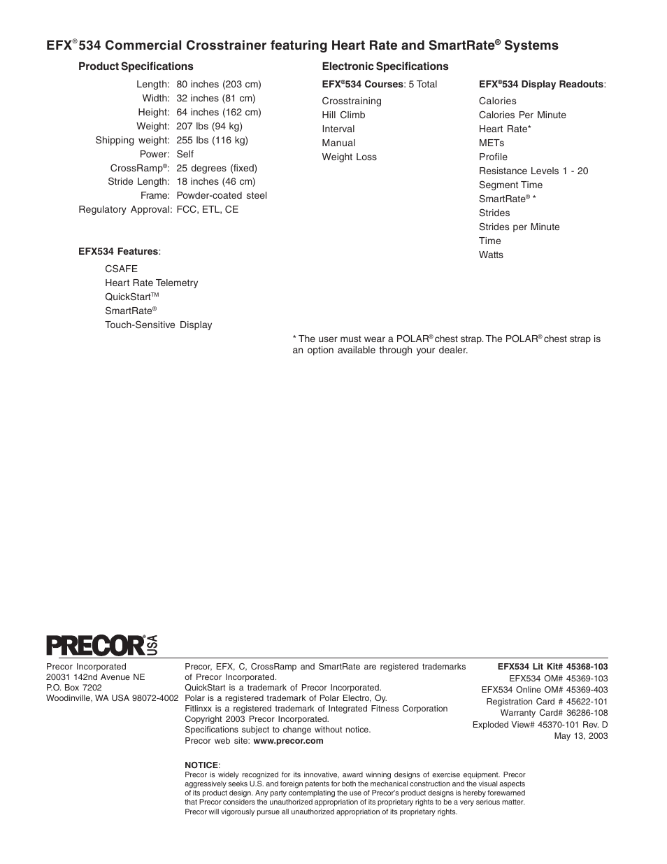 Efx534 product specifications, Systems | Precor EFX534 User Manual | Page 56 / 56