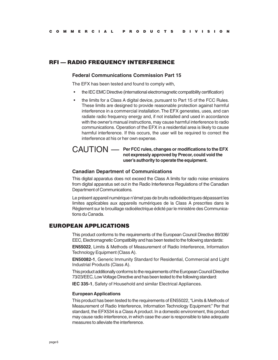 Caution, Rfi — radio frequency interference, European applications | Precor EFX534 User Manual | Page 6 / 56