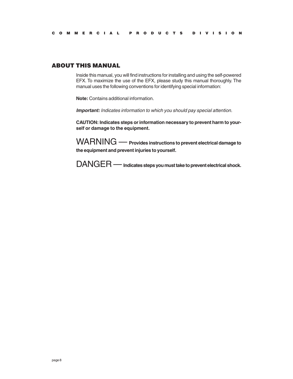 Warning, Danger, About this manual | Precor EFX534 User Manual | Page 8 / 56