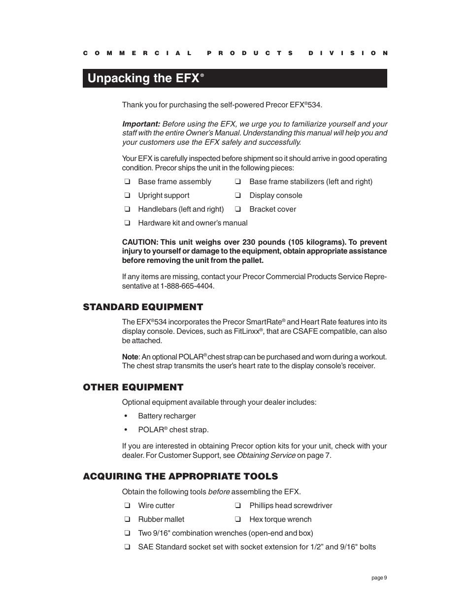 Unpacking the efx, Standard equipment, Other equipment | Acquiring the appropriate tools | Precor EFX534 User Manual | Page 9 / 56