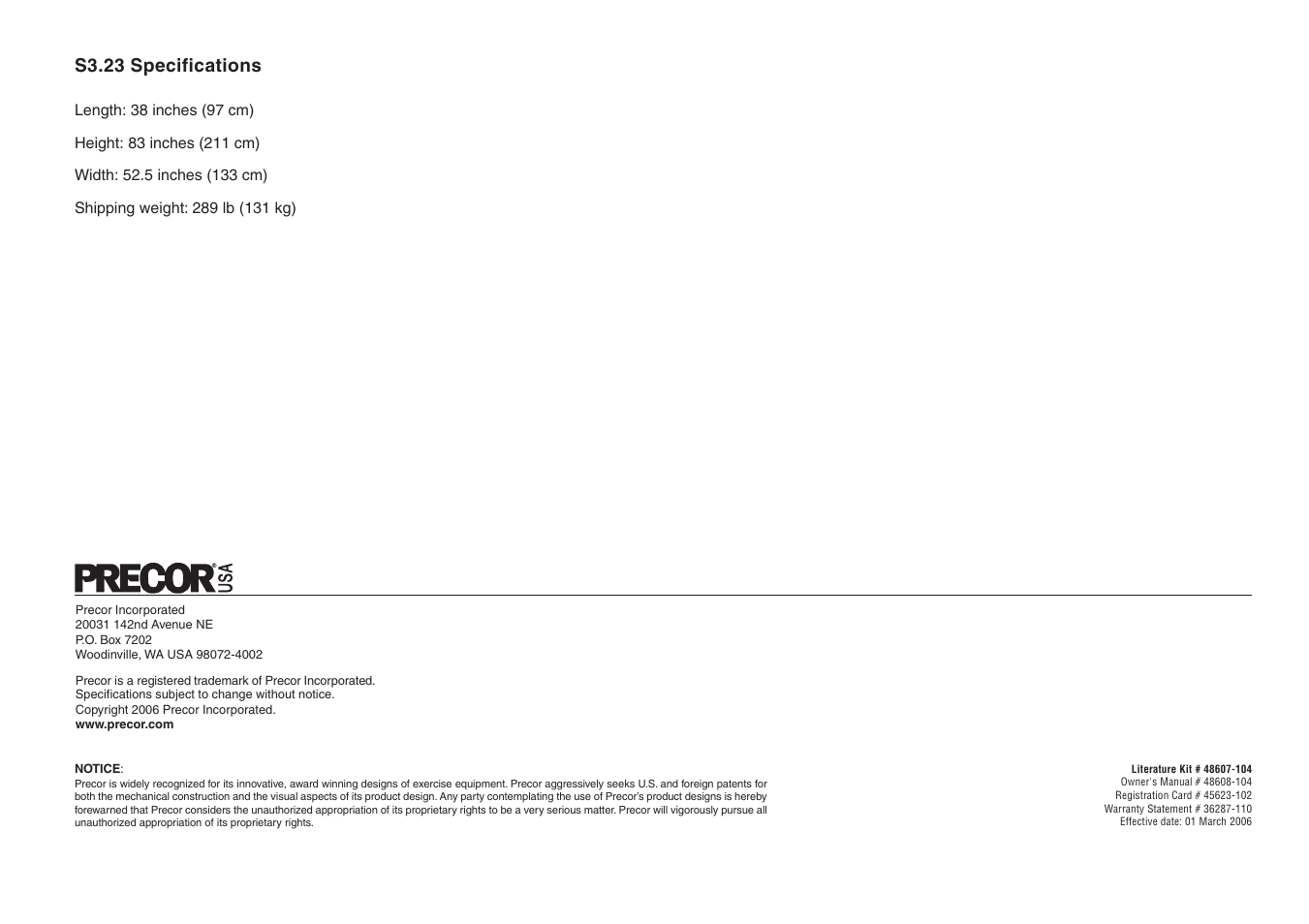 S3.23 specifications | Precor S3.23 User Manual | Page 24 / 24