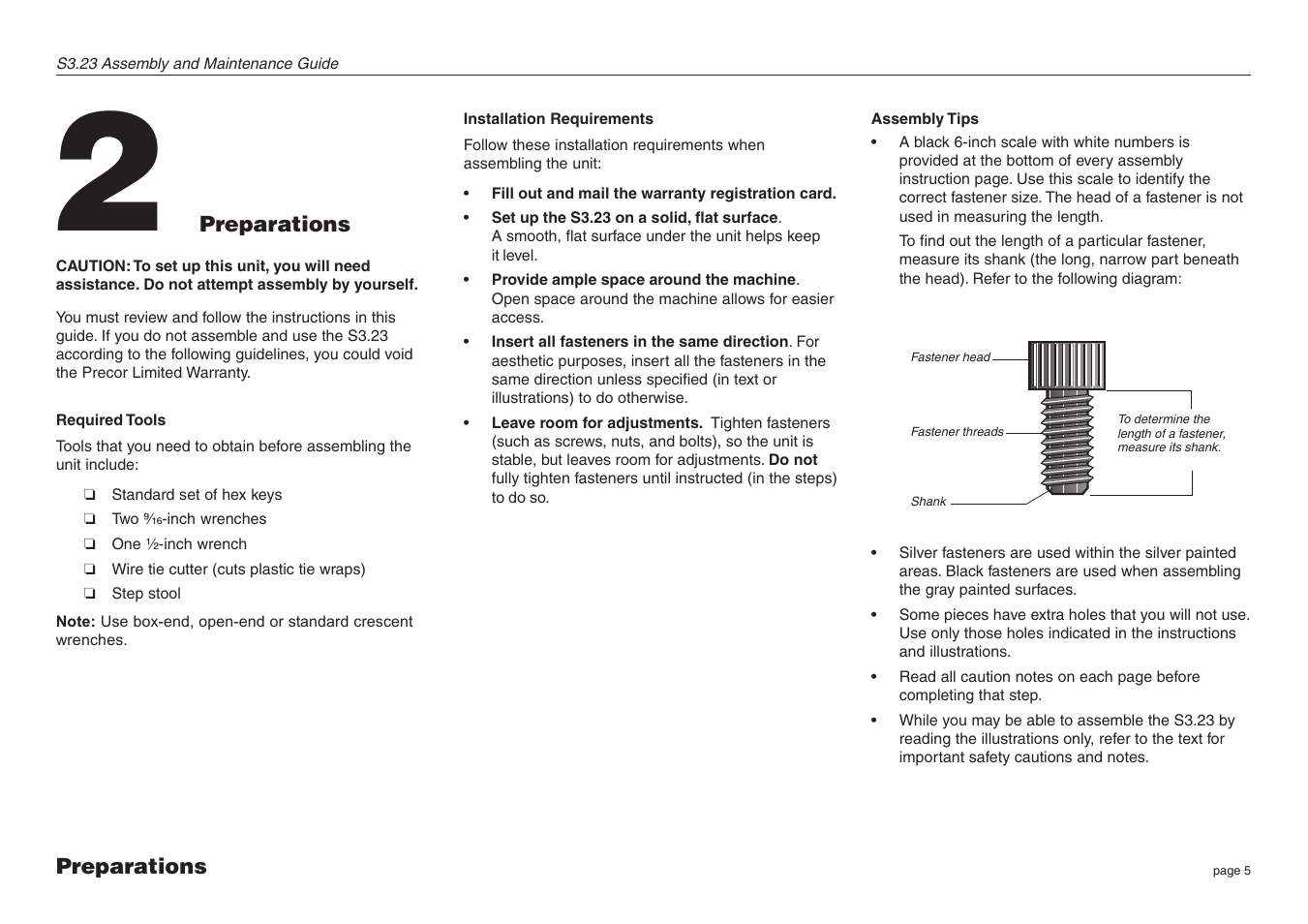 Preparations, Required tools, Installation requirements | Assembly tips | Precor S3.23 User Manual | Page 5 / 24