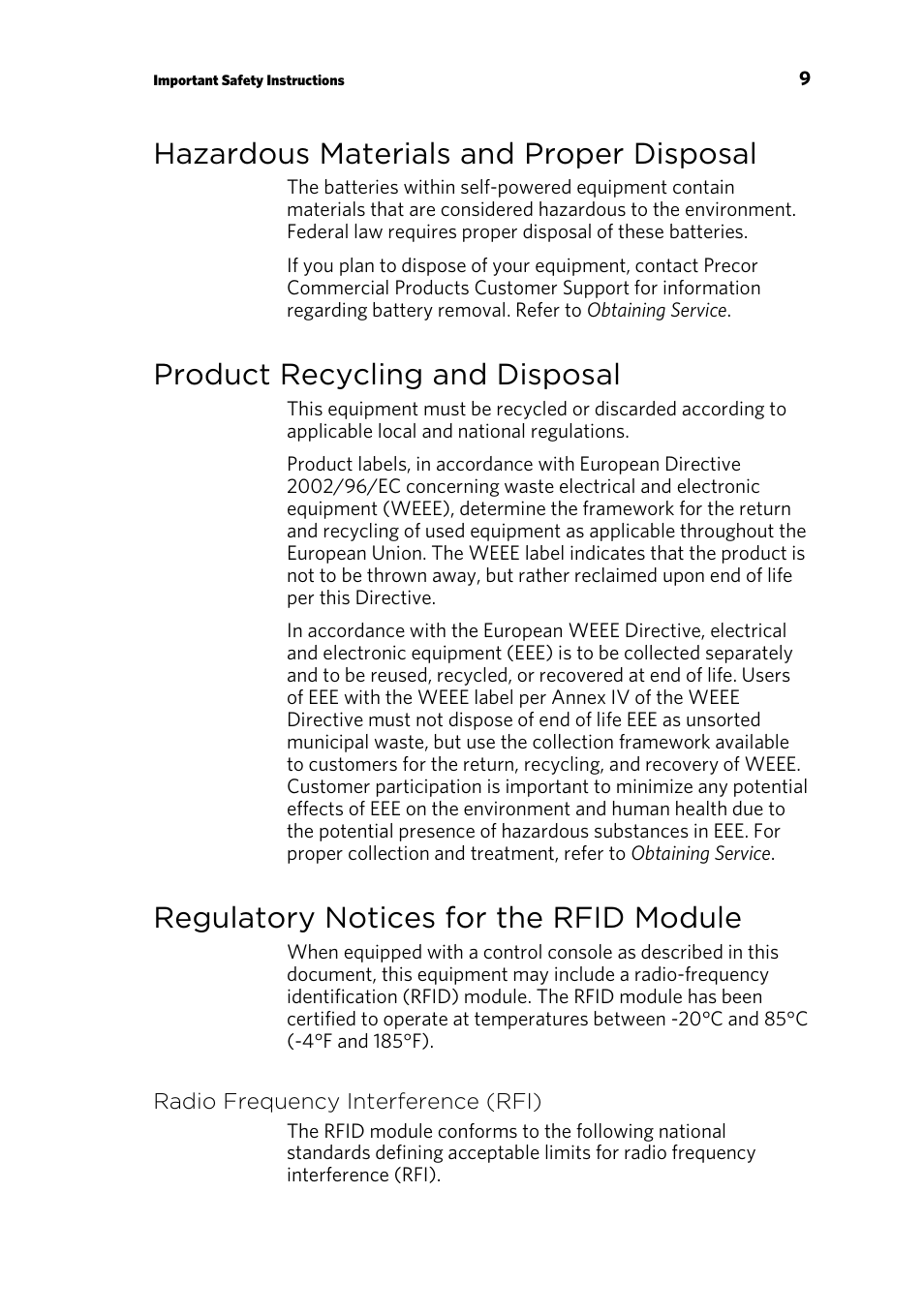 Hazardous materials and proper disposal, Product recycling and disposal, Regulatory notices for the rfid module | Radio frequency interference (rfi) | Precor p80 User Manual | Page 11 / 112